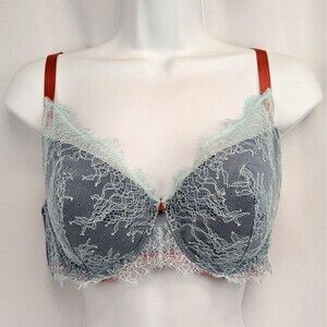 Victoria's Secret 38D Blue Lace Satin Lined Plunge Red Strap Bra NWOT